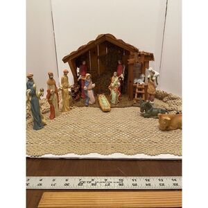 Rustic Wood Christmas Manger Set - Hand Painted. 13 Piece Ceramic, Plastic, Wood
